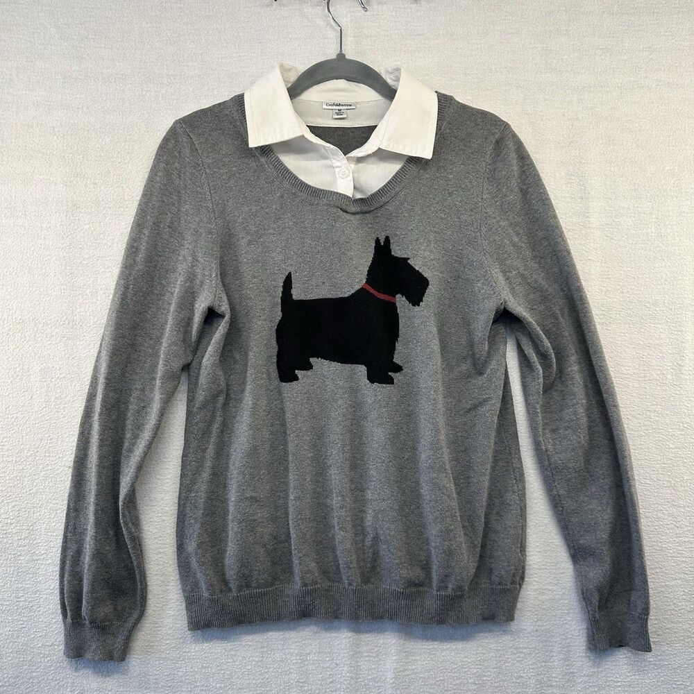 Croft and Barrow Collar Knit Sweater Women M Light Gray Scotty Terrier Cottage
